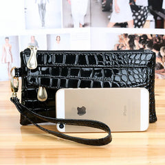 Women Long Leather Double Zipper Wallet Clutch Bag Red Purse Crocodile Purses