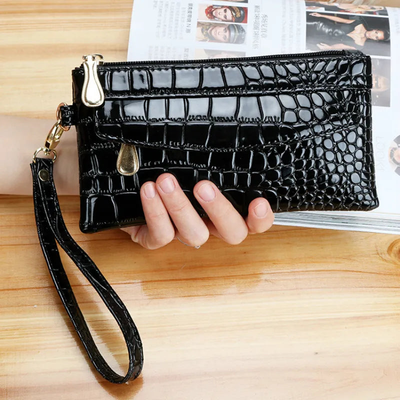 Women Long Leather Double Zipper Wallet Clutch Bag Red Purse Crocodile Purses