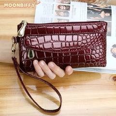 Women Long Leather Double Zipper Wallet Clutch Bag Red Purse Crocodile Purses