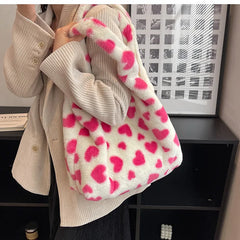 Heart Print Shoulder Bag Faux Fur Handbag Y2K Plush Tote Large Capacity