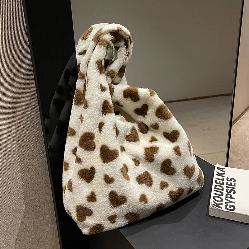 Heart Print Shoulder Bag Faux Fur Handbag Y2K Plush Tote Large Capacity