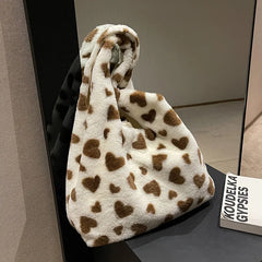 Heart Print Shoulder Bag Faux Fur Handbag Y2K Plush Tote Large Capacity
