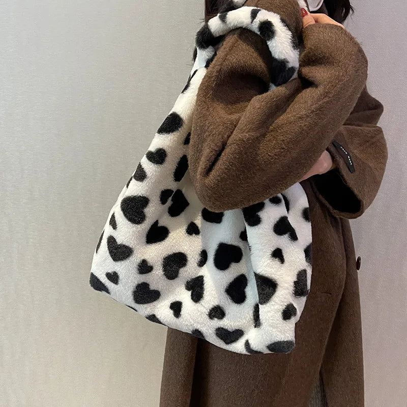 Heart Print Shoulder Bag Faux Fur Handbag Y2K Plush Tote Large Capacity