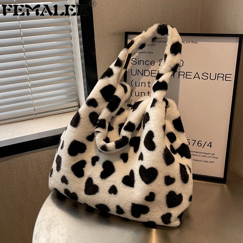 Heart Print Shoulder Bag Faux Fur Handbag Y2K Plush Tote Large Capacity