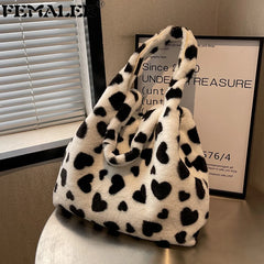 Heart Print Shoulder Bag Faux Fur Handbag Y2K Plush Tote Large Capacity