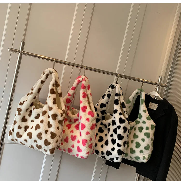Heart Print Shoulder Bag Faux Fur Handbag Y2K Plush Tote Large Capacity