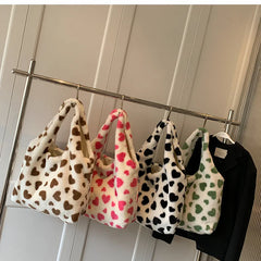 Heart Print Shoulder Bag Faux Fur Handbag Y2K Plush Tote Large Capacity