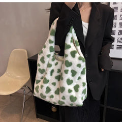 Heart Print Shoulder Bag Faux Fur Handbag Y2K Plush Tote Large Capacity