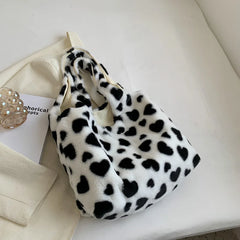 Heart Print Shoulder Bag Faux Fur Handbag Y2K Plush Tote Large Capacity
