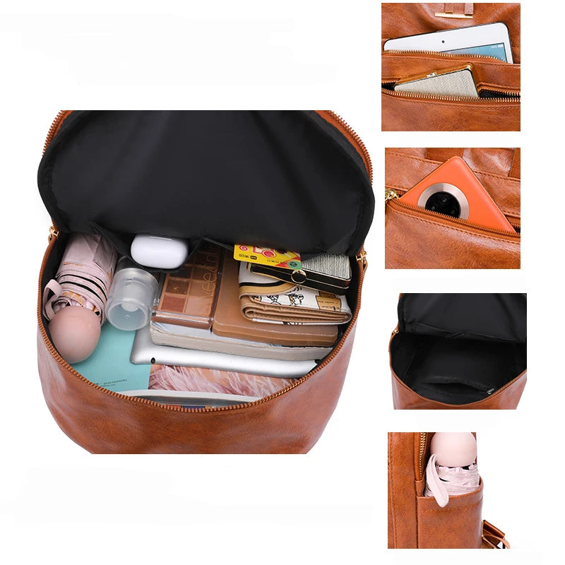 Vintage Leather Backpack Women Shoulder Bag Travel Bagpack School Bags