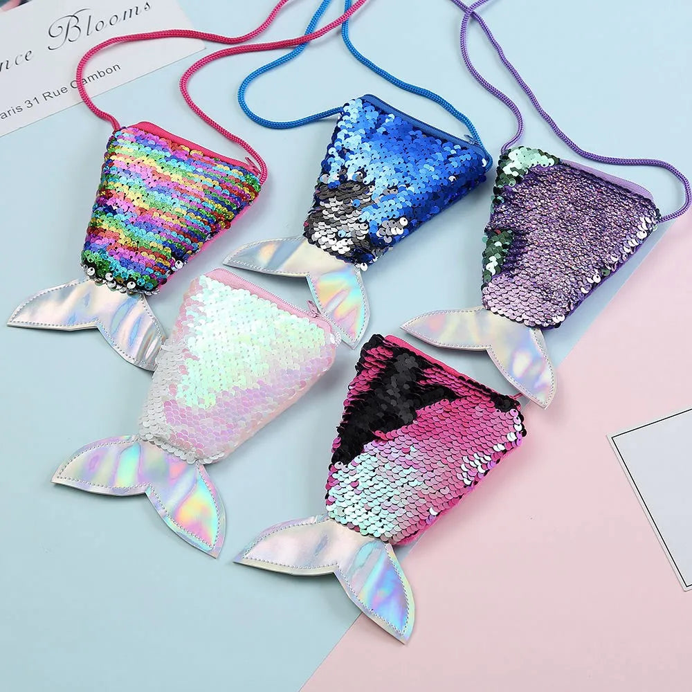 Mermaid Tail Sequins Coin Purse Girls Crossbody Bags Sling Money Change