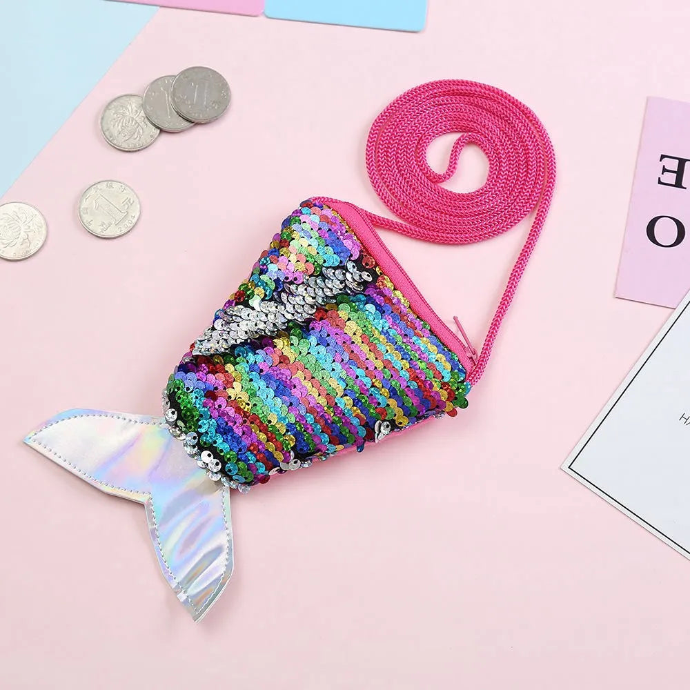 Mermaid Tail Sequins Coin Purse Girls Crossbody Bags Sling Money Change