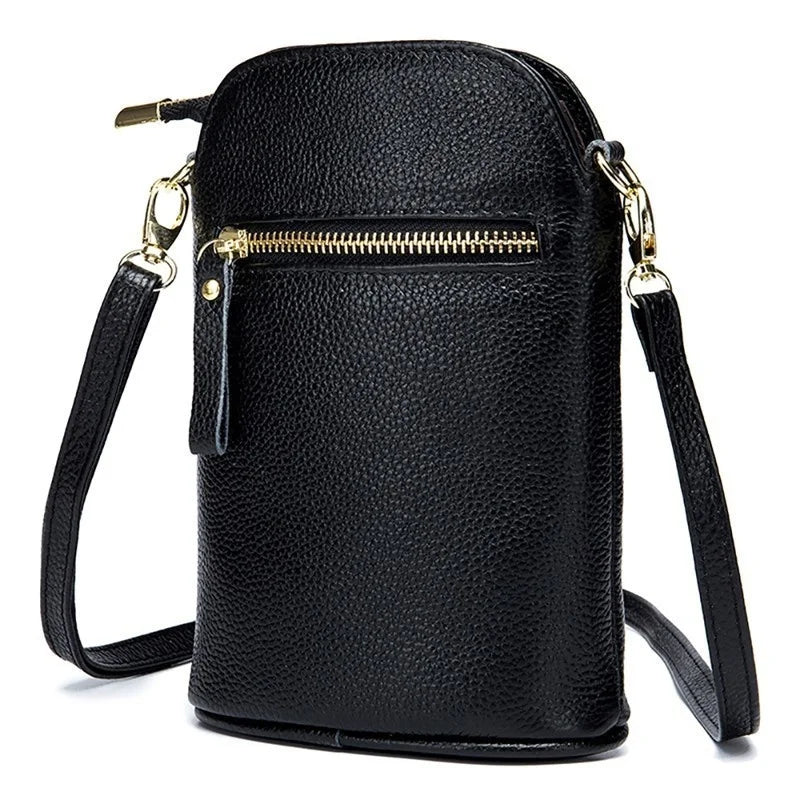 Soft Cow Leather Women's Messenger Bag Zipper Crossbody Phone Holder
