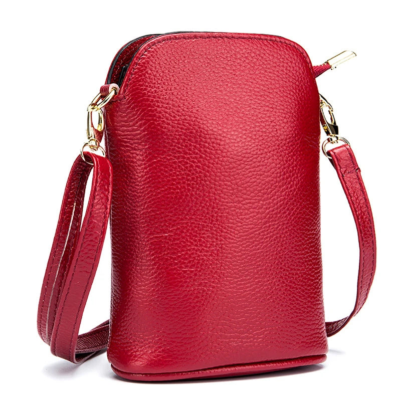 Soft Cow Leather Women Messenger Bag Zipper Crossbody Phone Holder