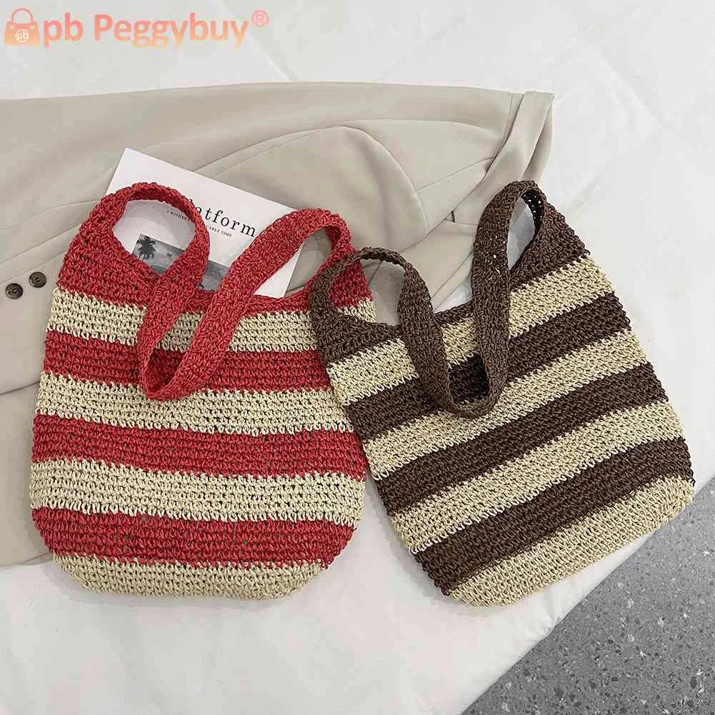 Women Messenger Bag Straw Weave Casual Travel Tote Hollow Striped Large Capacity