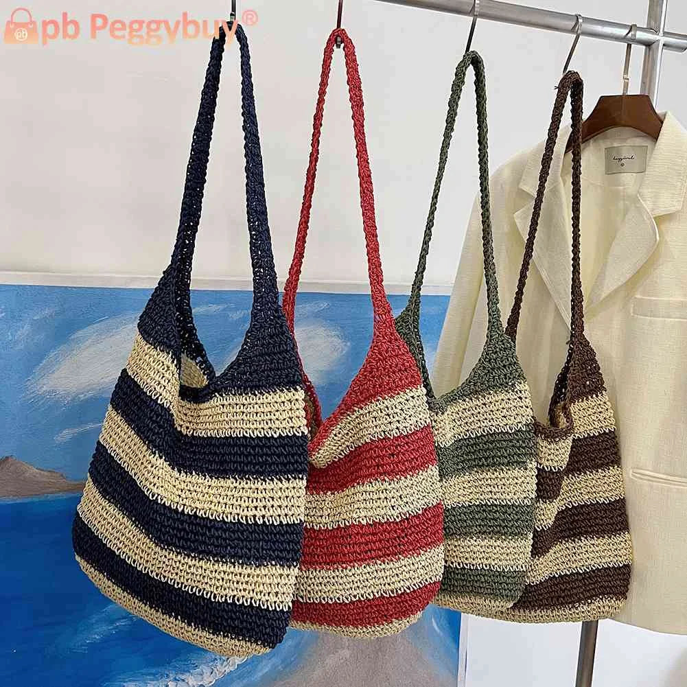 Women Messenger Bag Straw Weave Casual Travel Tote Hollow Striped Large Capacity