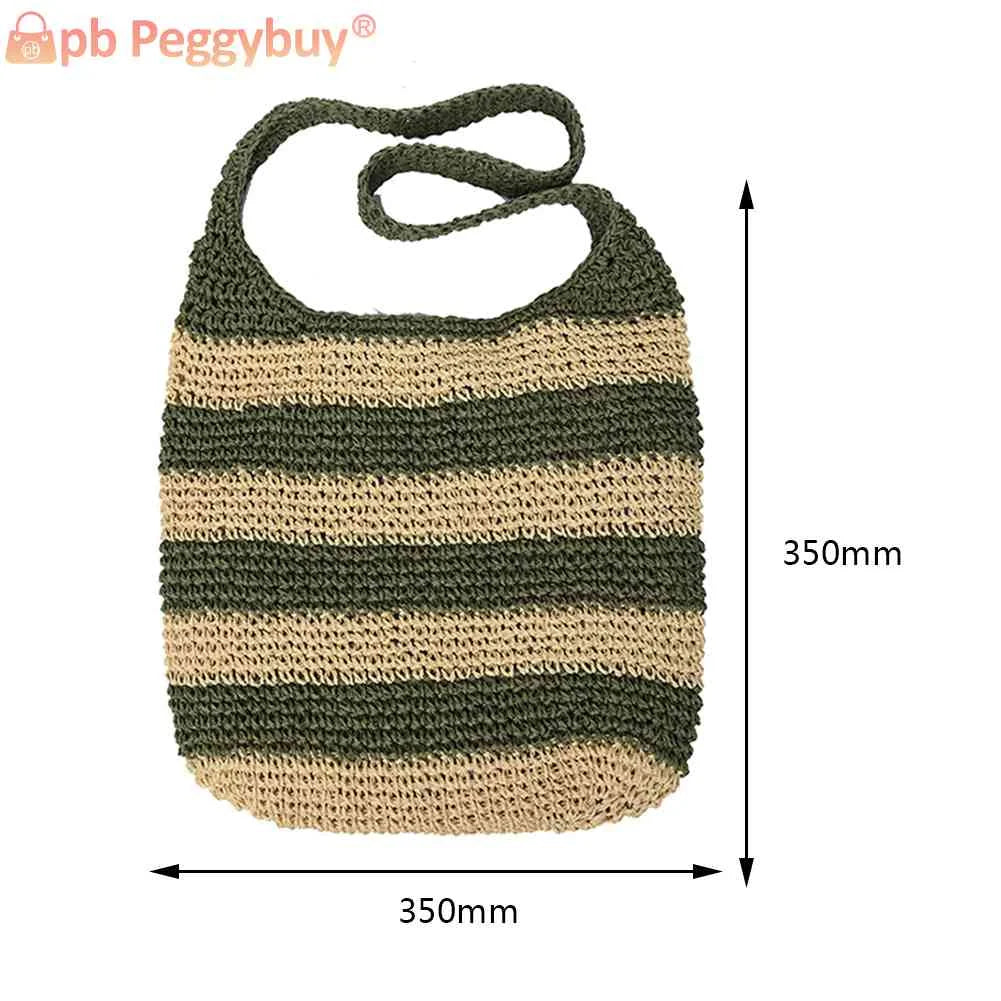 Women Messenger Bag Straw Weave Casual Travel Tote Hollow Striped Large Capacity