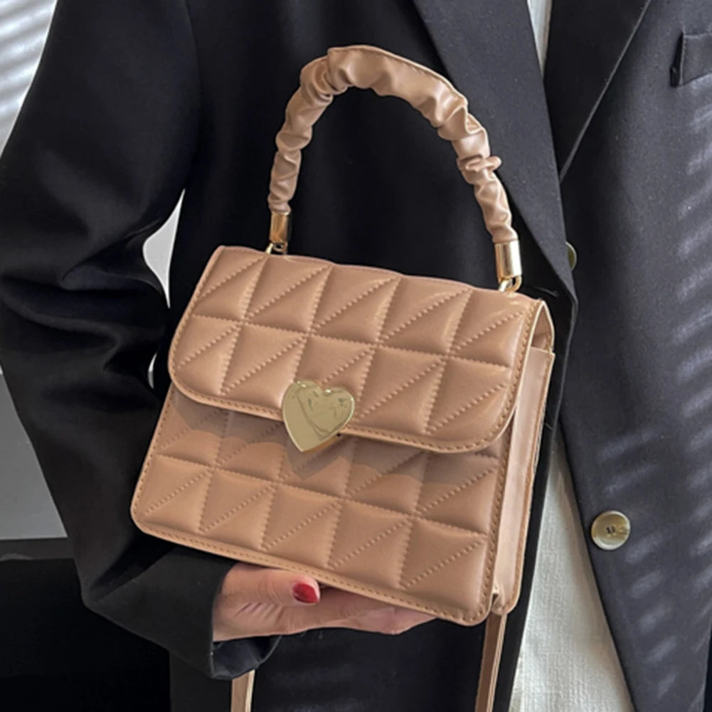 Women Messenger Bag Pleated Heart Hasp Ladies Hand Bags Casual PU Leather Soft T