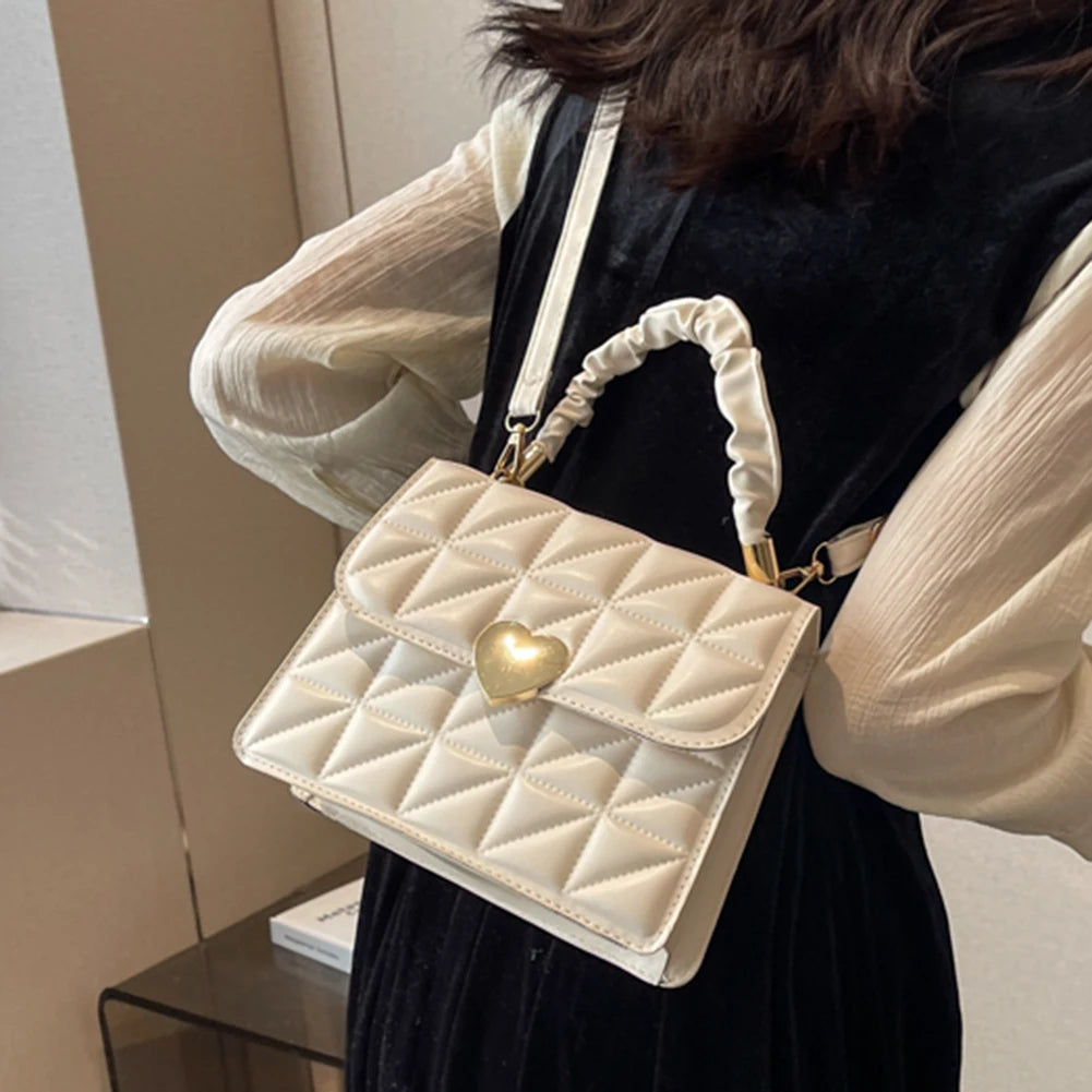 Women Messenger Bag Pleated Heart Hasp Top-handle Bag Casual PU Leather