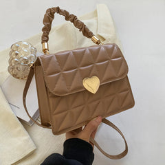 Women Messenger Bag Pleated Heart Hasp Top-handle Bag Casual PU Leather