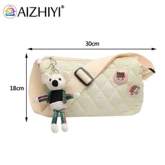 Quilted Shoulder Messenger Bag with Bear Pendant for Women