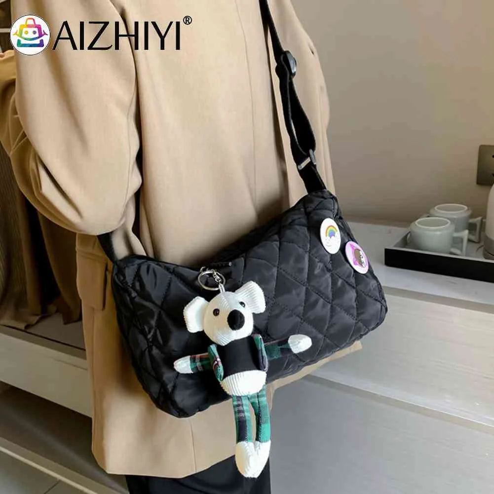 Quilted Shoulder Messenger Bag with Bear Pendant for Women