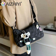 Quilted Shoulder Messenger Bag with Bear Pendant for Women