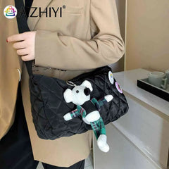 Quilted Shoulder Messenger Bag with Bear Pendant for Women
