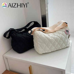 Quilted Shoulder Messenger Bag with Bear Pendant for Women