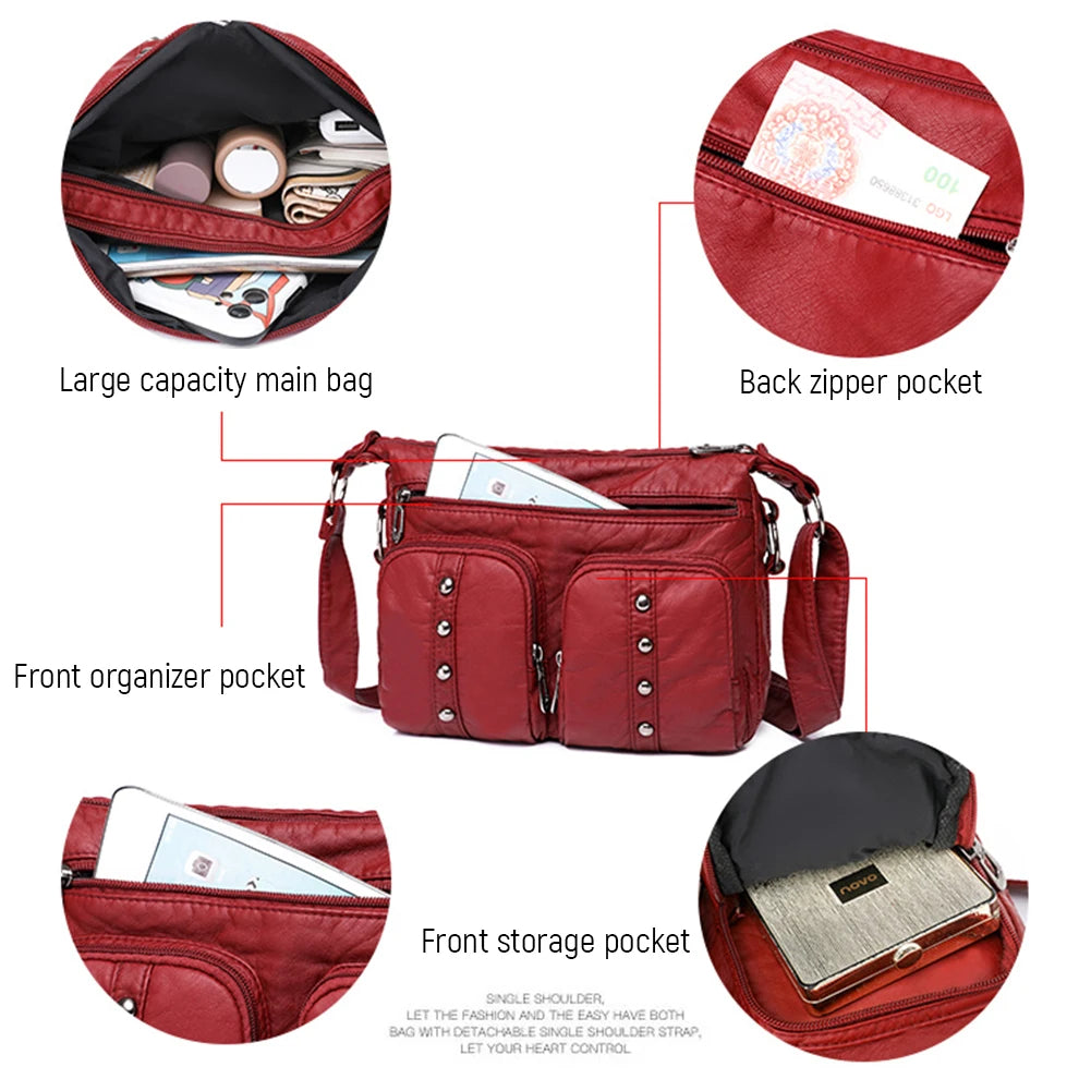 Women Messenger Bag Soft PU Leather Underarm Bag Multi-pocket