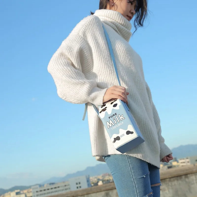 Women Milk Box Cartoon Shoulder Bag Girls Crossbody Bags Phone Bag