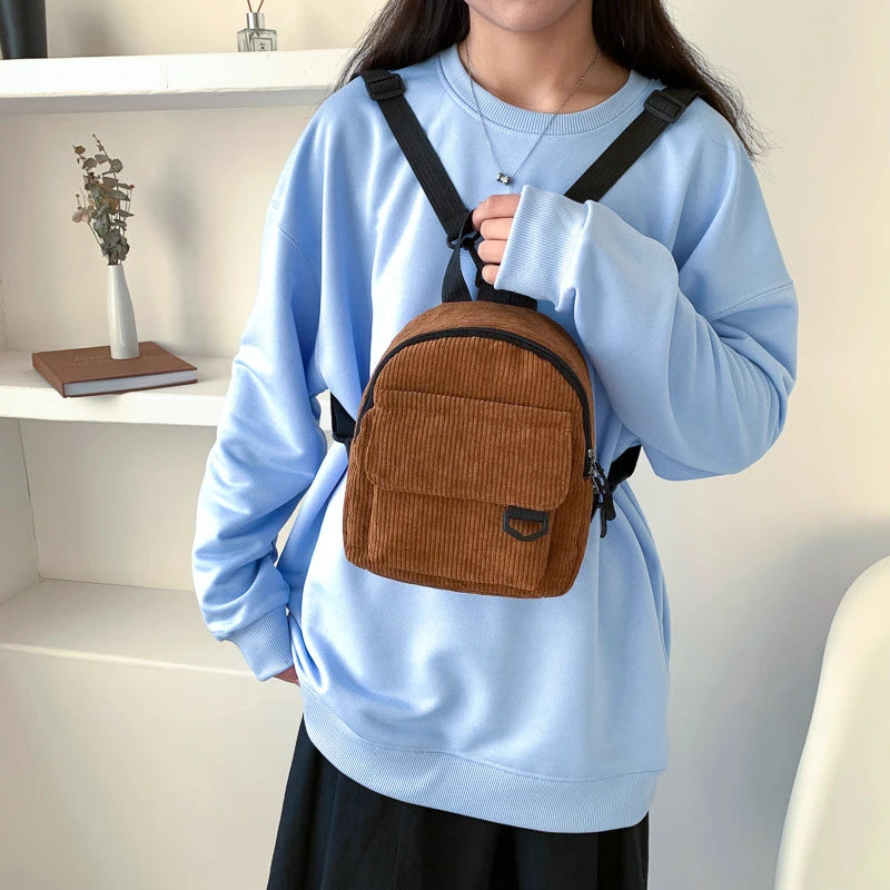 Corduroy Mini Backpack Casual Student Bookbags