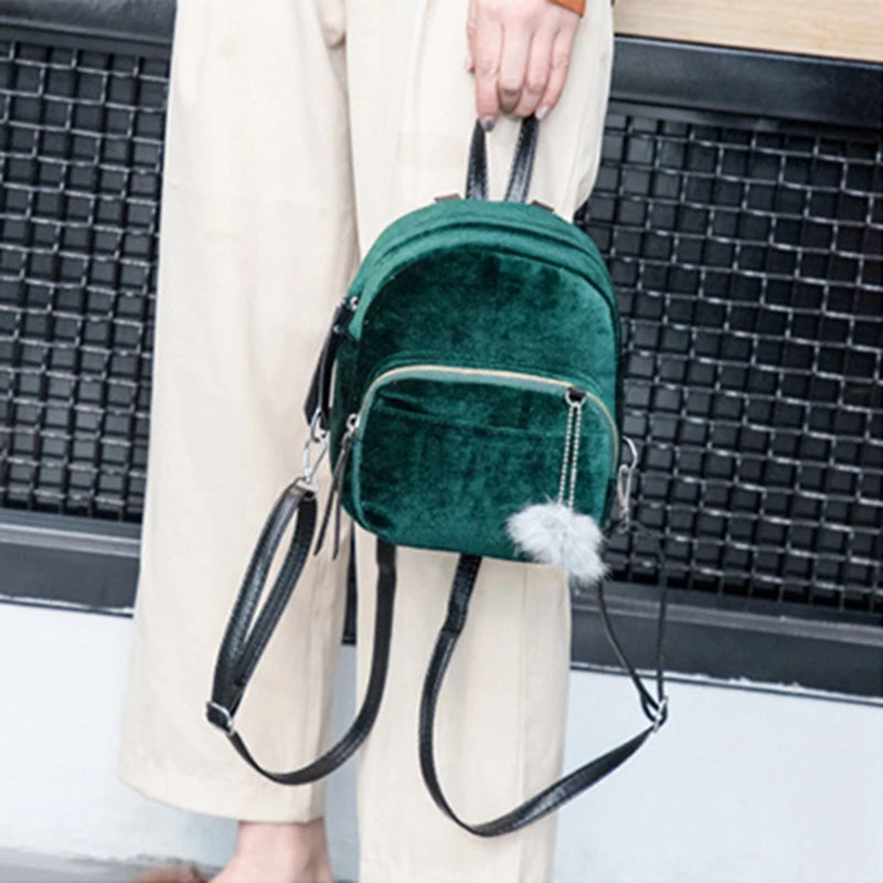 Velvet Mini Backpack with Pompom Zipper