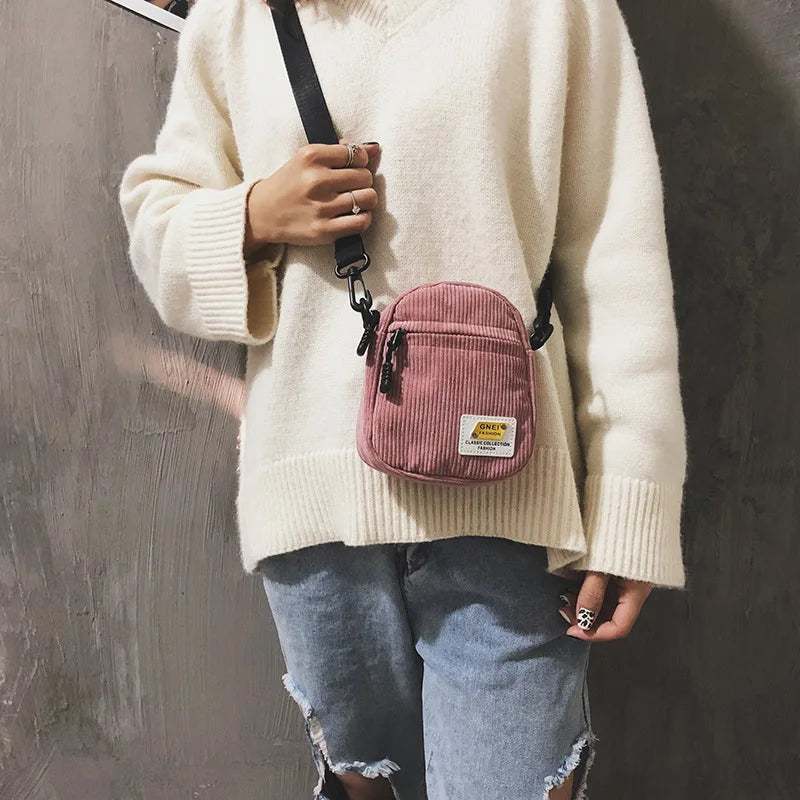 Pink Corduroy Mini Shoulder Bag Zipper Purse for Girl