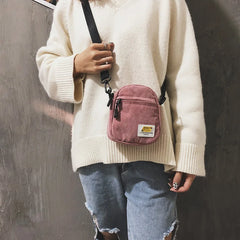 Pink Corduroy Mini Shoulder Bag Zipper Purse for Girl