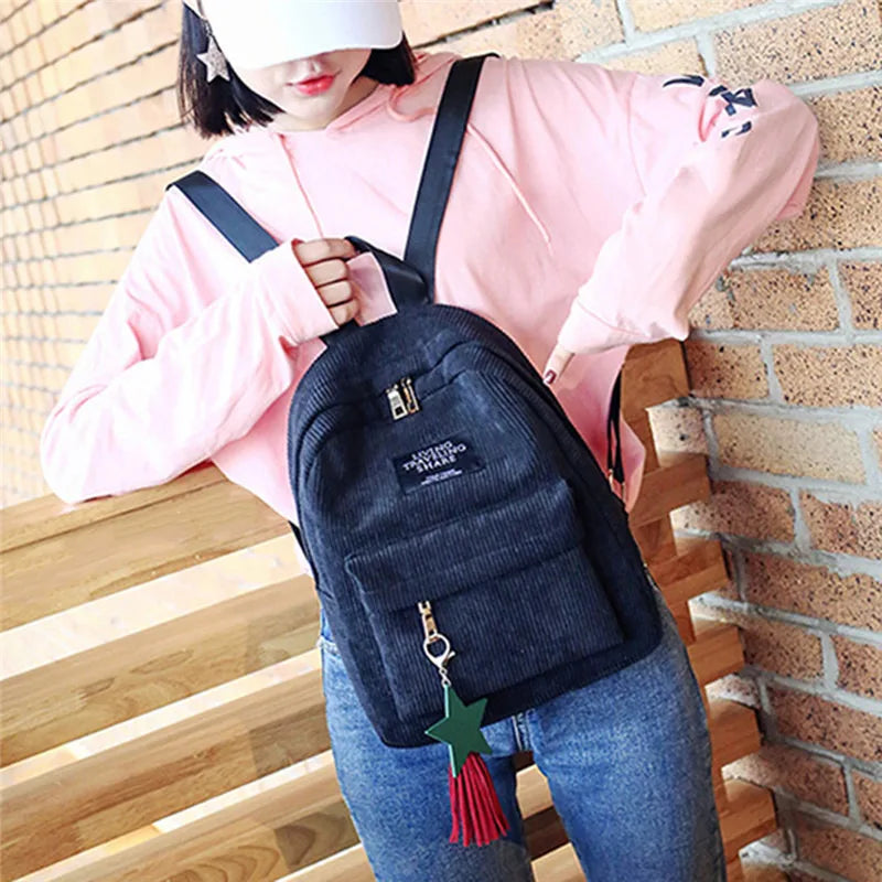 Women Corduroy Mini Backpack Eco Canvas Shoulder Bag