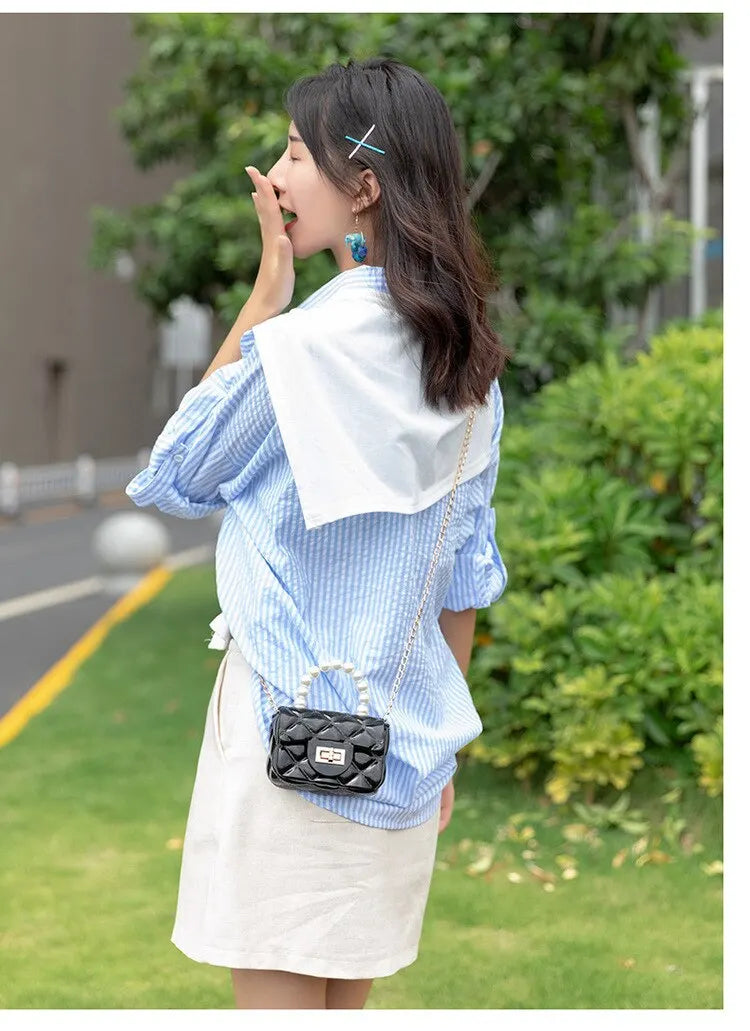 Chain Bag Girl PVC Jelly Bag Pearl Crossbody Small Square Bag
