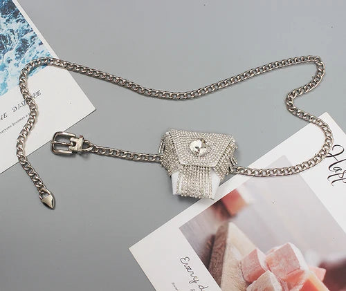 Women Mini PU Waist Belt Bag Rhinestone Tassel Fanny Pack