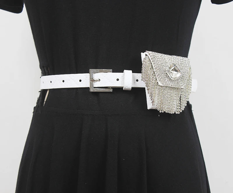 Women Mini PU Waist Belt Bag Rhinestone Tassel Fanny Pack