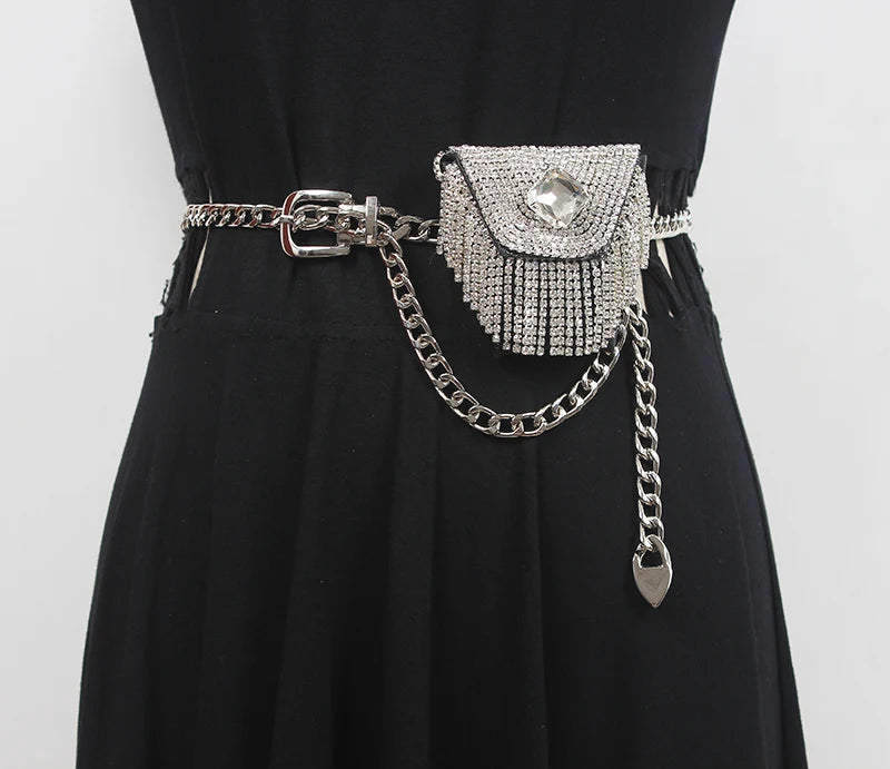 Women Mini PU Waist Belt Bag Rhinestone Tassel Fanny Pack