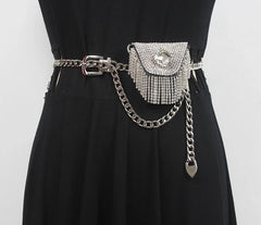 Women Mini PU Waist Belt Bag Rhinestone Tassel Fanny Pack
