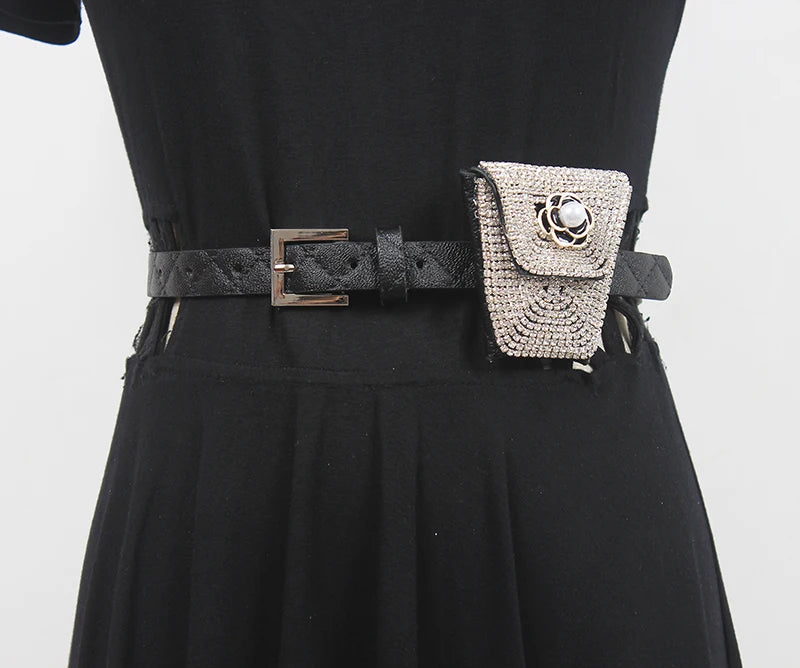 Women Mini PU Waist Belt Bag Rhinestone Tassel Fanny Pack