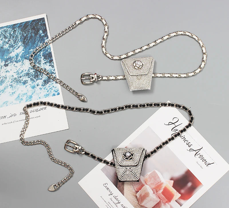 Women Mini PU Waist Belt Bag Rhinestone Tassel Fanny Pack