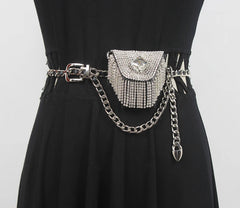 Women Mini PU Waist Belt Bag Rhinestone Tassel Fanny Pack