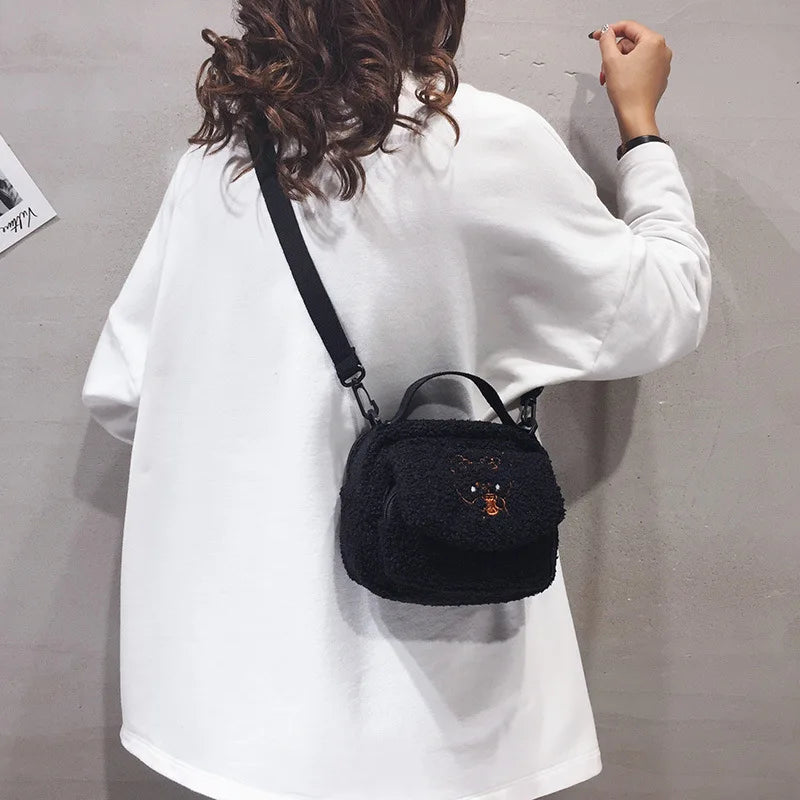 Women Mini Plush Shoulder Bag Small Canvas Cross Body Bag