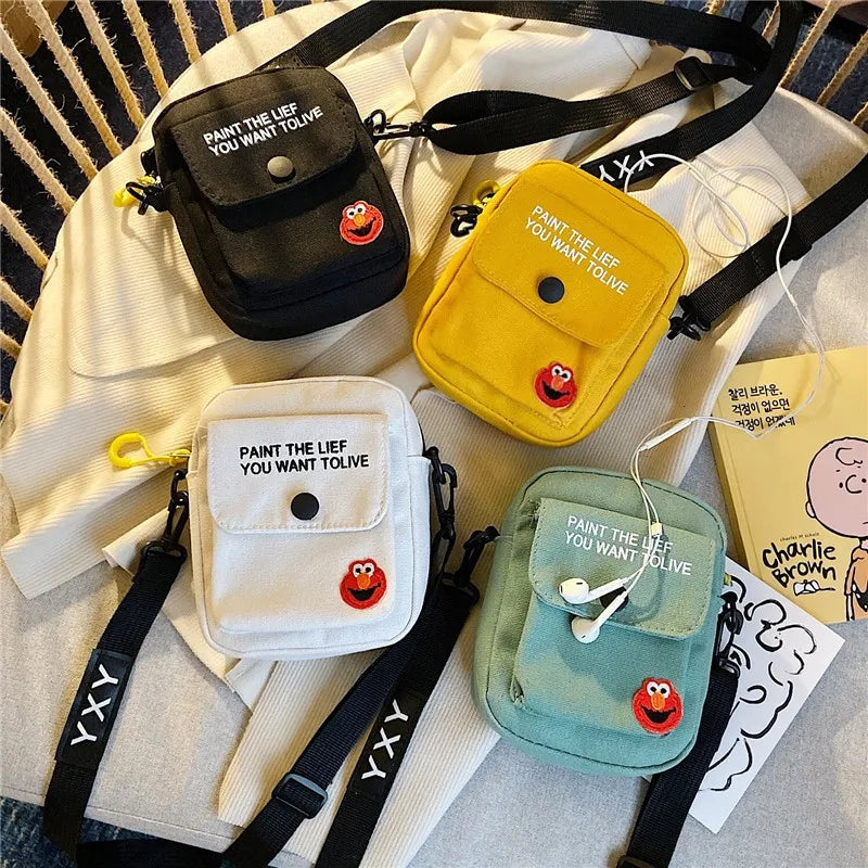 Mini Square Canvas Shoulder Bag Cartoon Phone Pouch