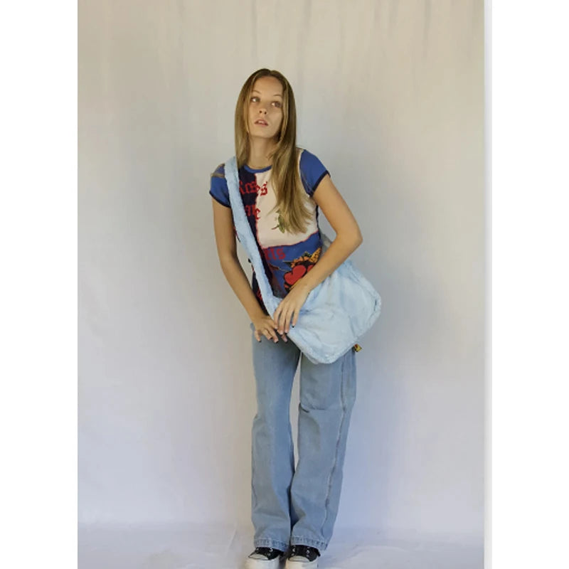 Fluffy Fur Messenger Bags Canvas Shoulder Tote E-Girls School Bag