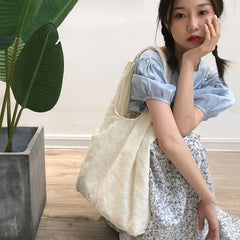 Embroidered Net Yarn Shoulder Bag Canvas Handbag Tote Large Capacity for Girls