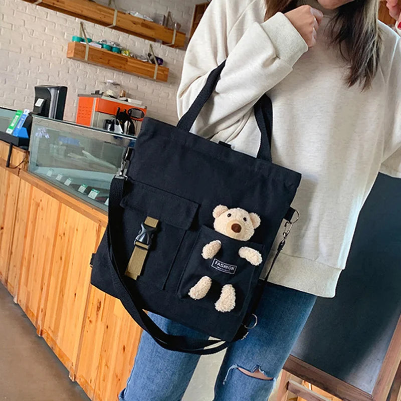 Women Bear Cartoon Canvas Bag Female Girl Student School Shoulder Messenger Bag