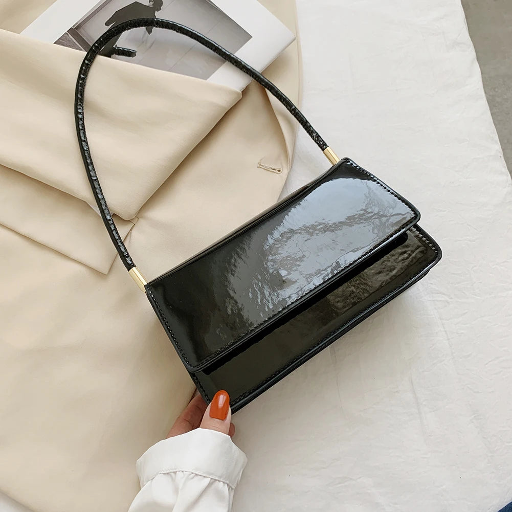 Women Patent PU Leather Solid Shoulder Underarm Bags Casual Small Flap Handbags